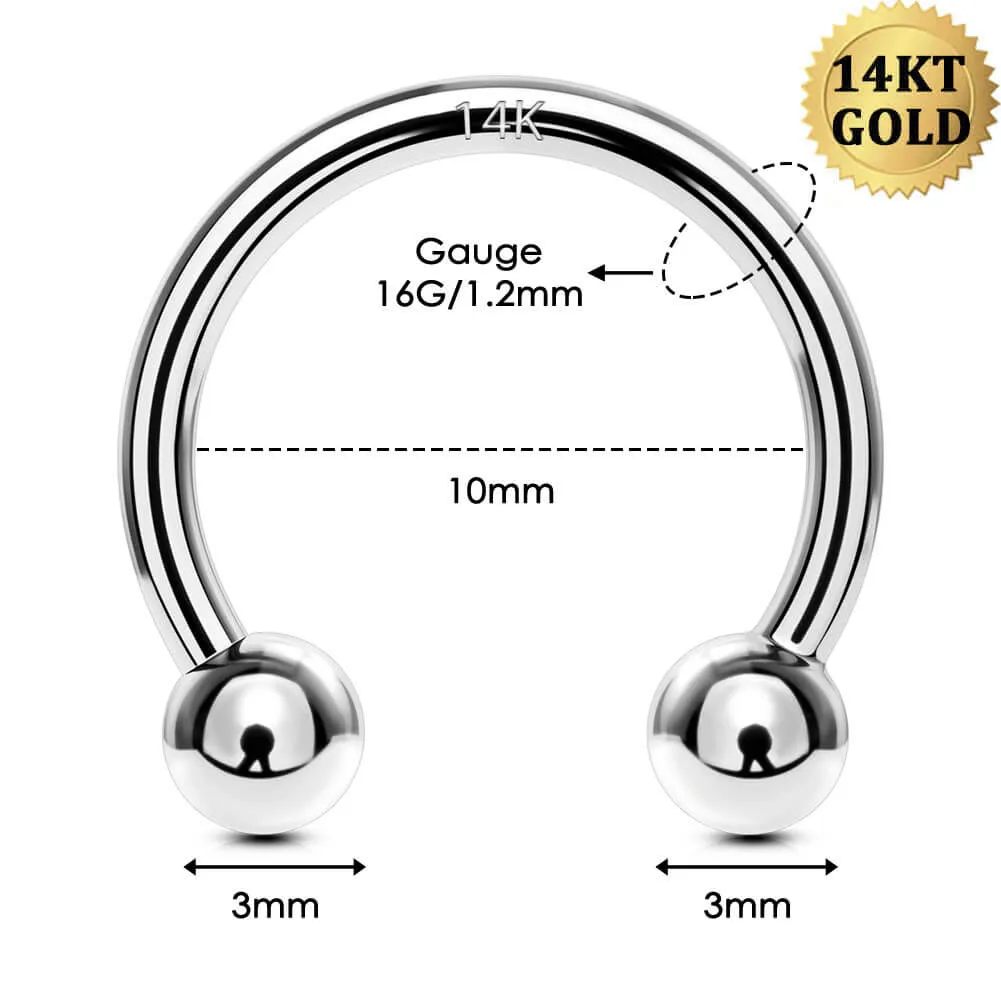 14k White Gold 16G Internally Threaded Ball End Horseshoe Circular Barbell