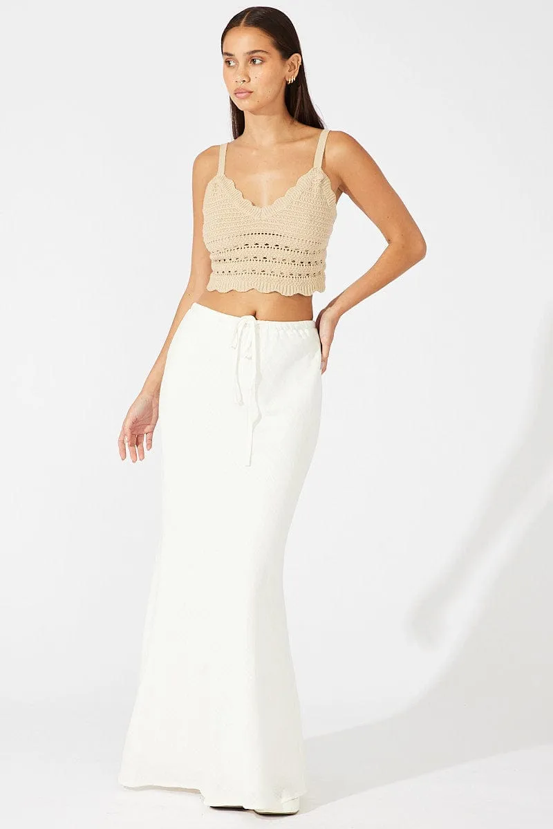 Beige Crochet Top Sleeveless V Neck Crop Knitted