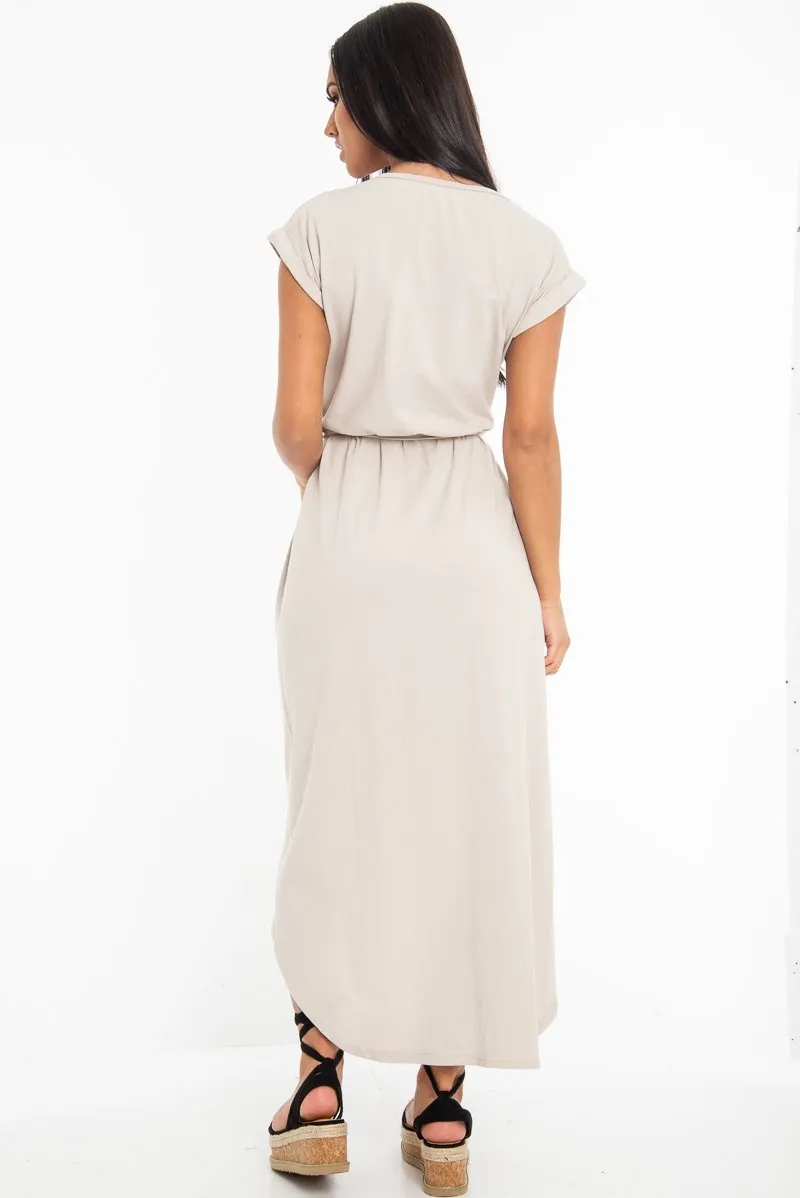 Beige Scoop Neck Belted Wrap Maxi Dress - Allie