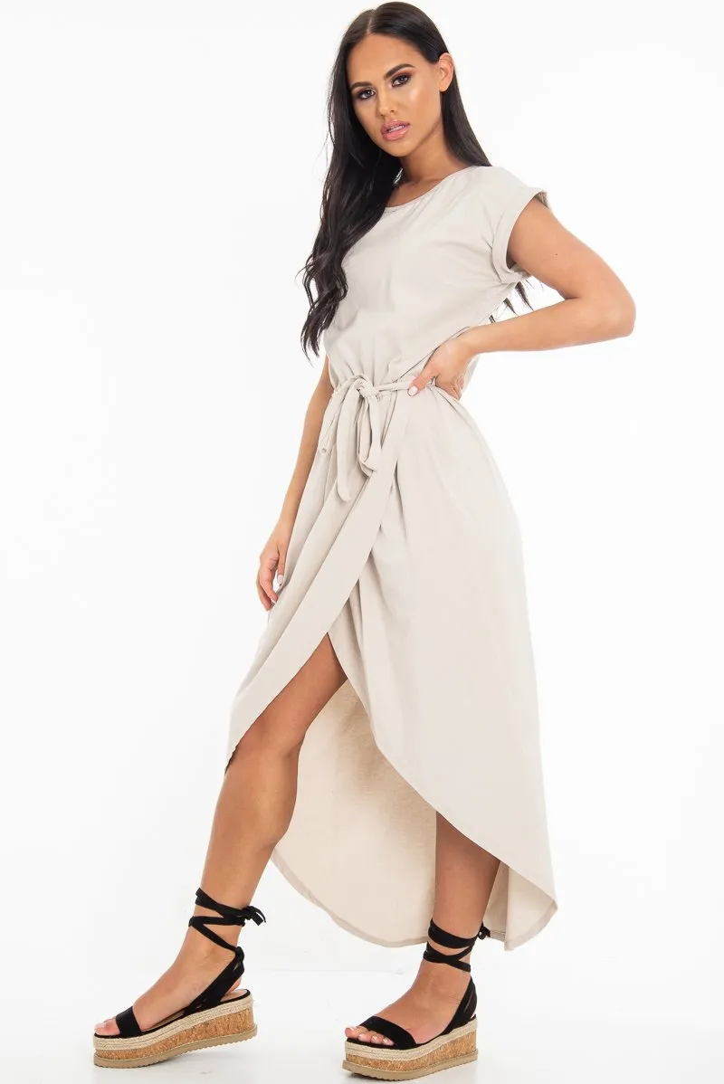 Beige Scoop Neck Belted Wrap Maxi Dress - Allie