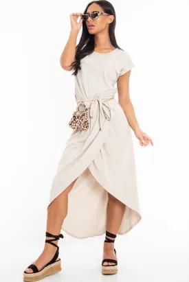 Beige Scoop Neck Belted Wrap Maxi Dress - Allie