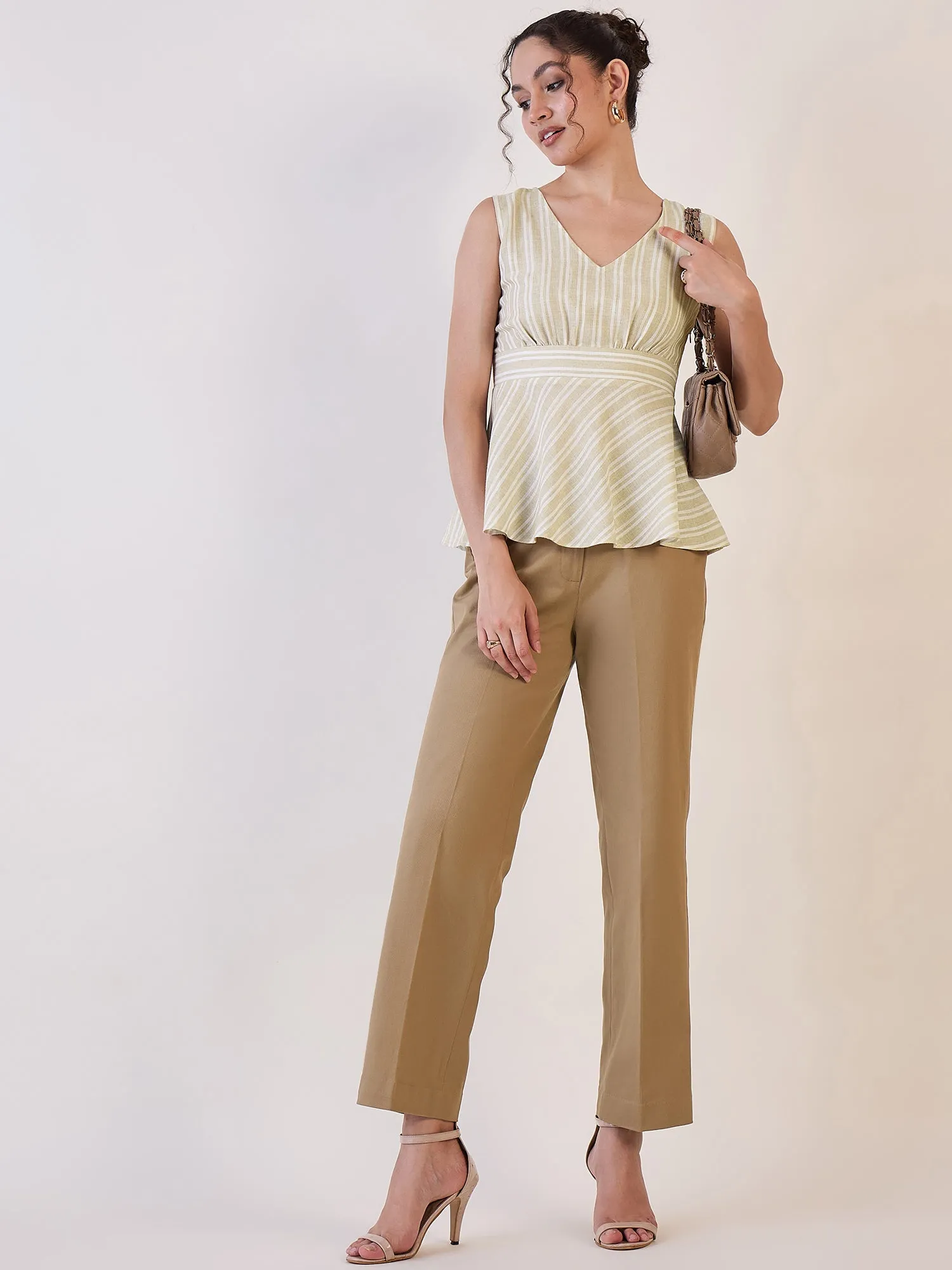 Beige Stripe Sleeveless Peplum Top