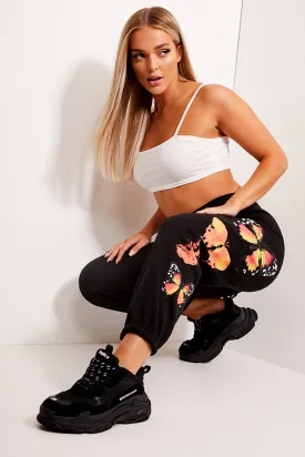 Black Butterfly Print Oversized Casual Joggers