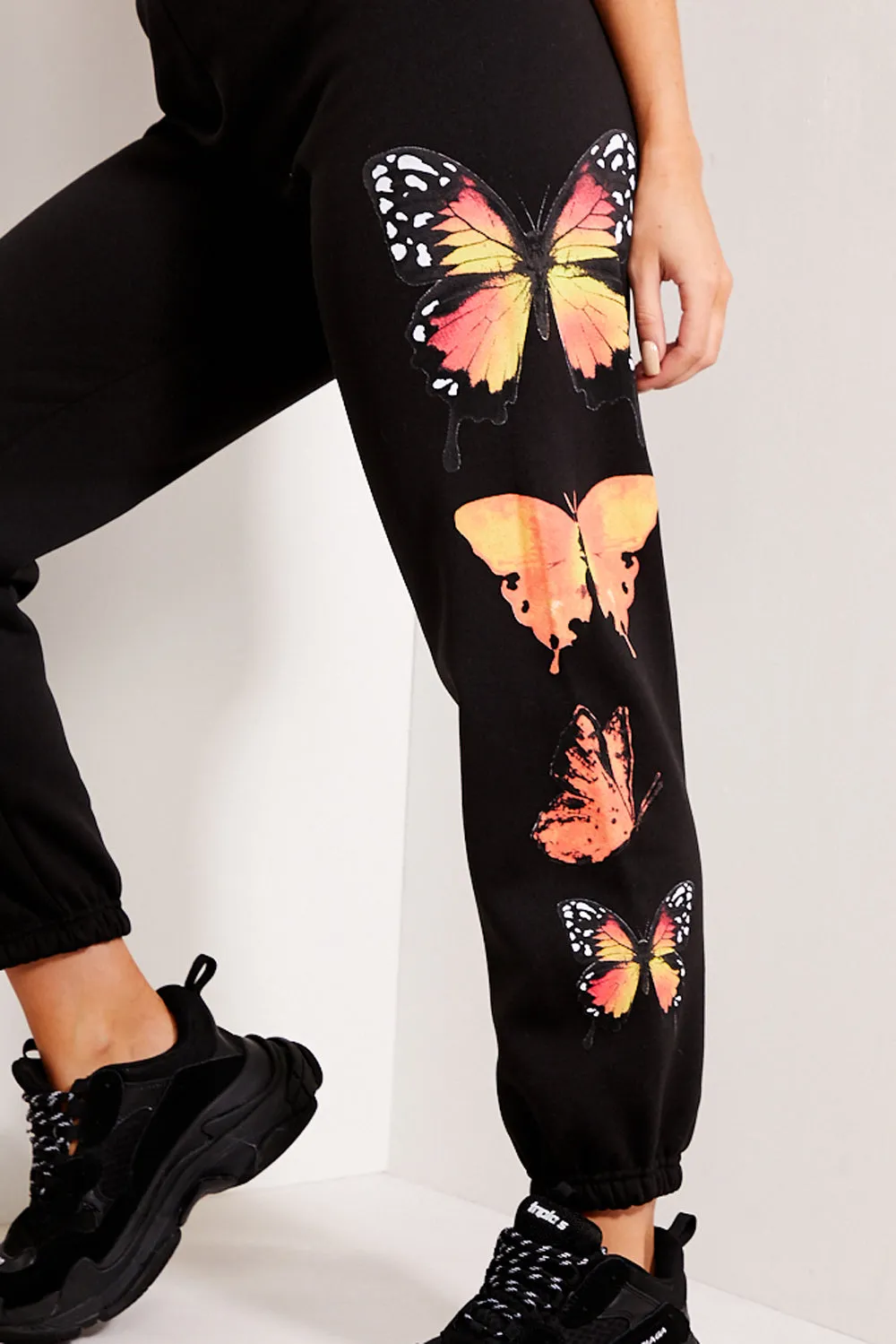 Black Butterfly Print Oversized Casual Joggers