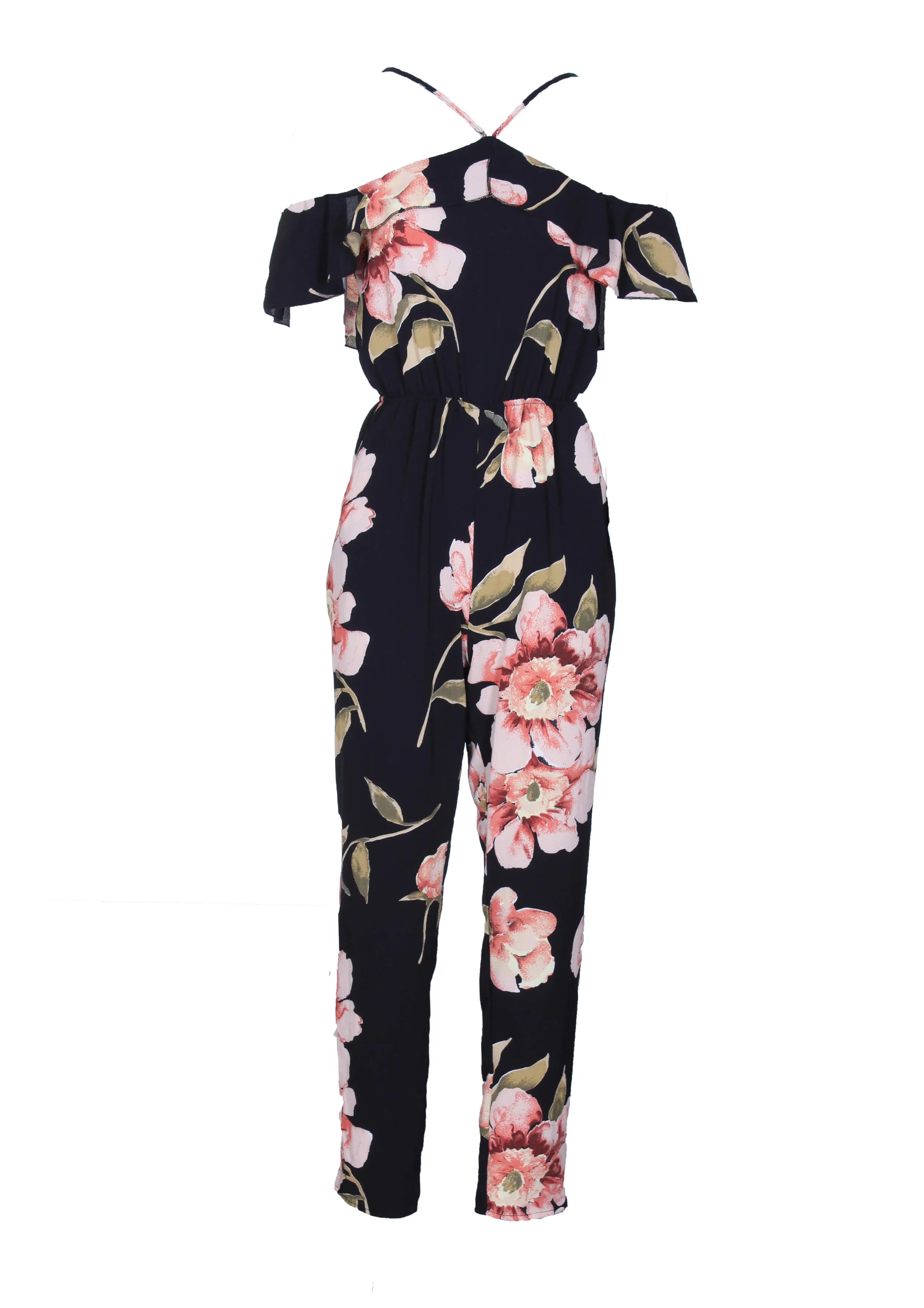 Black Cold Shoulder Floral Jumpsuit