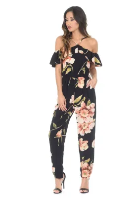 Black Cold Shoulder Floral Jumpsuit