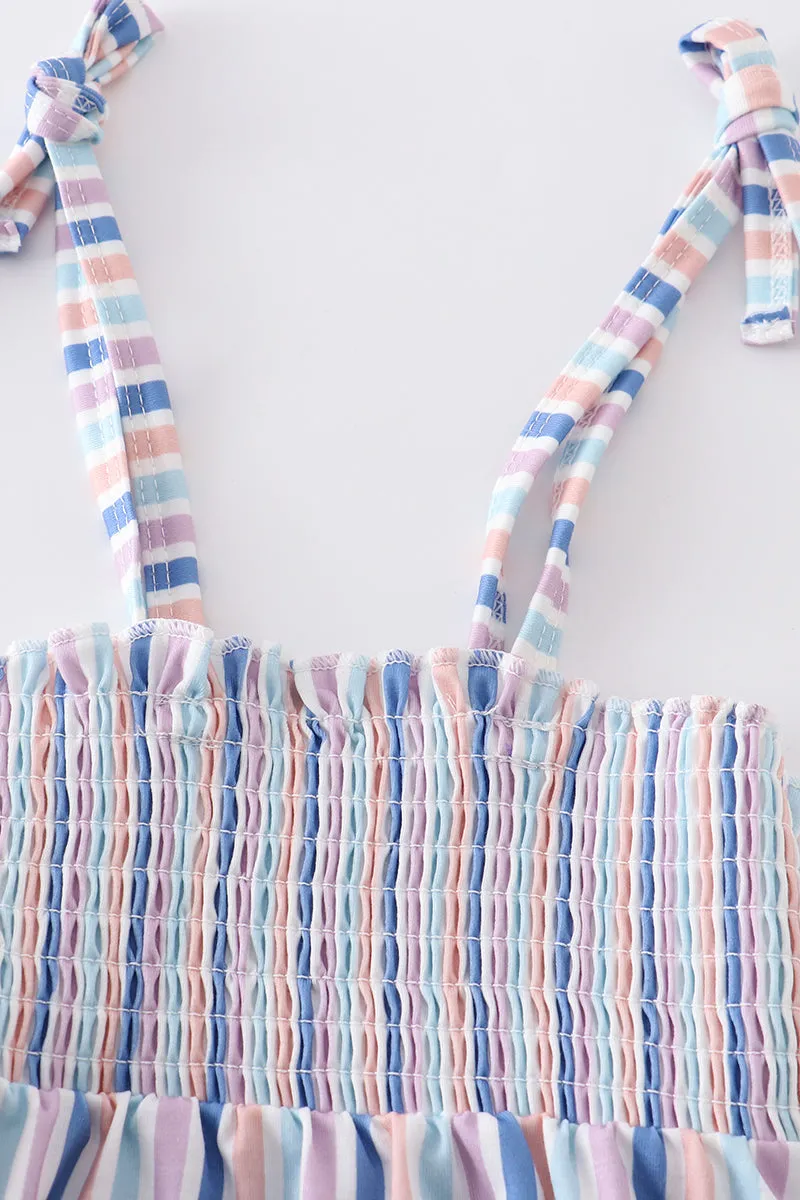 Blue stripe smocked strap girl bubble