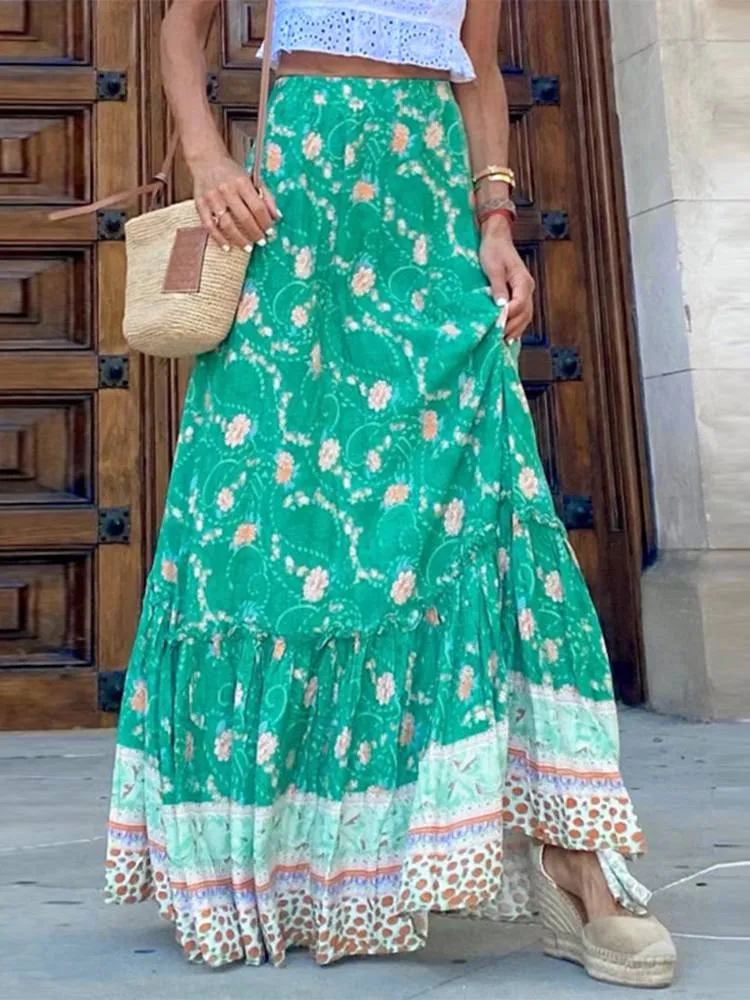 Bohemian Elastic Waist Long Floral Print Maxi Skirt