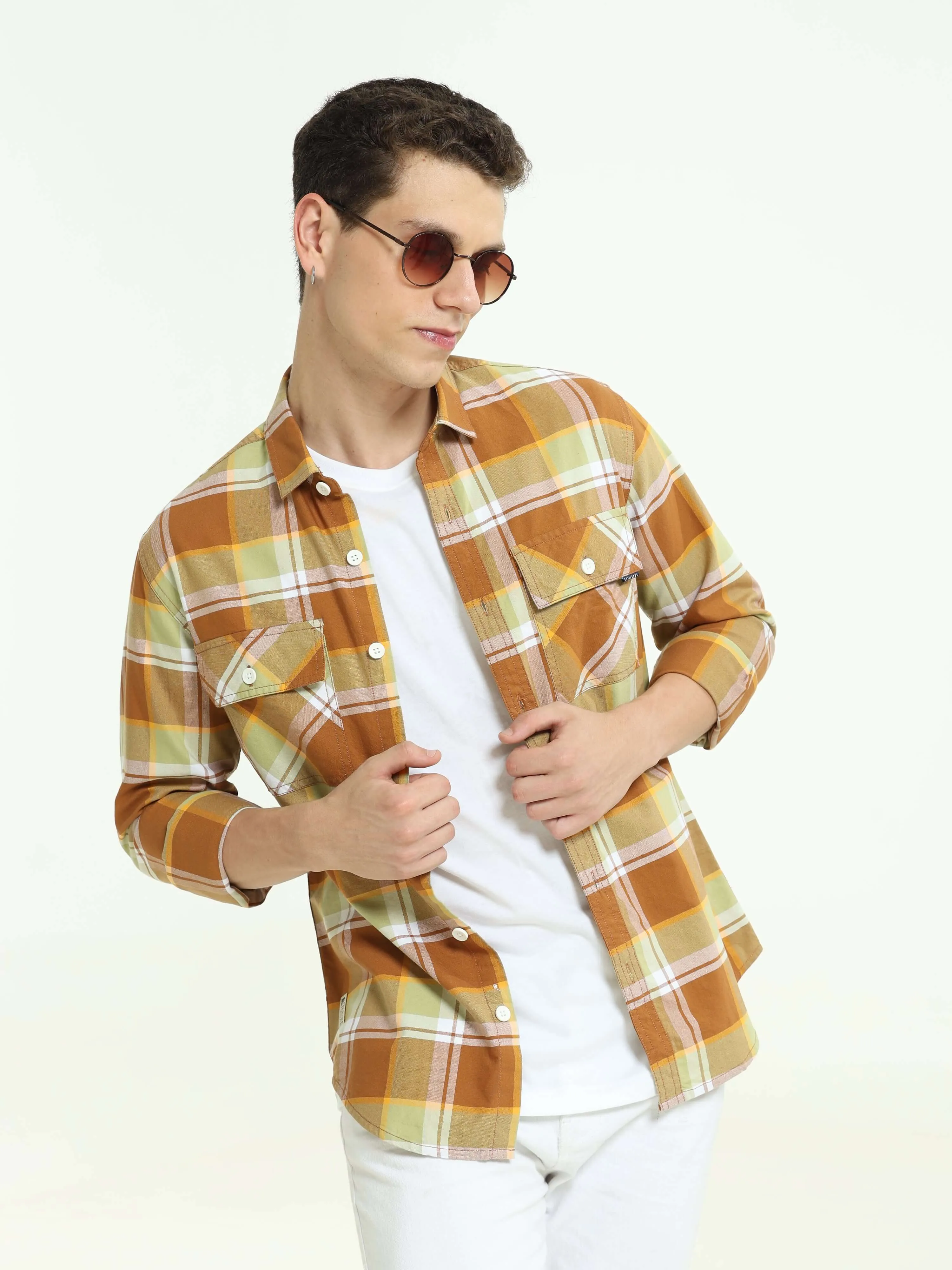 Brown off-sage casual check shirt