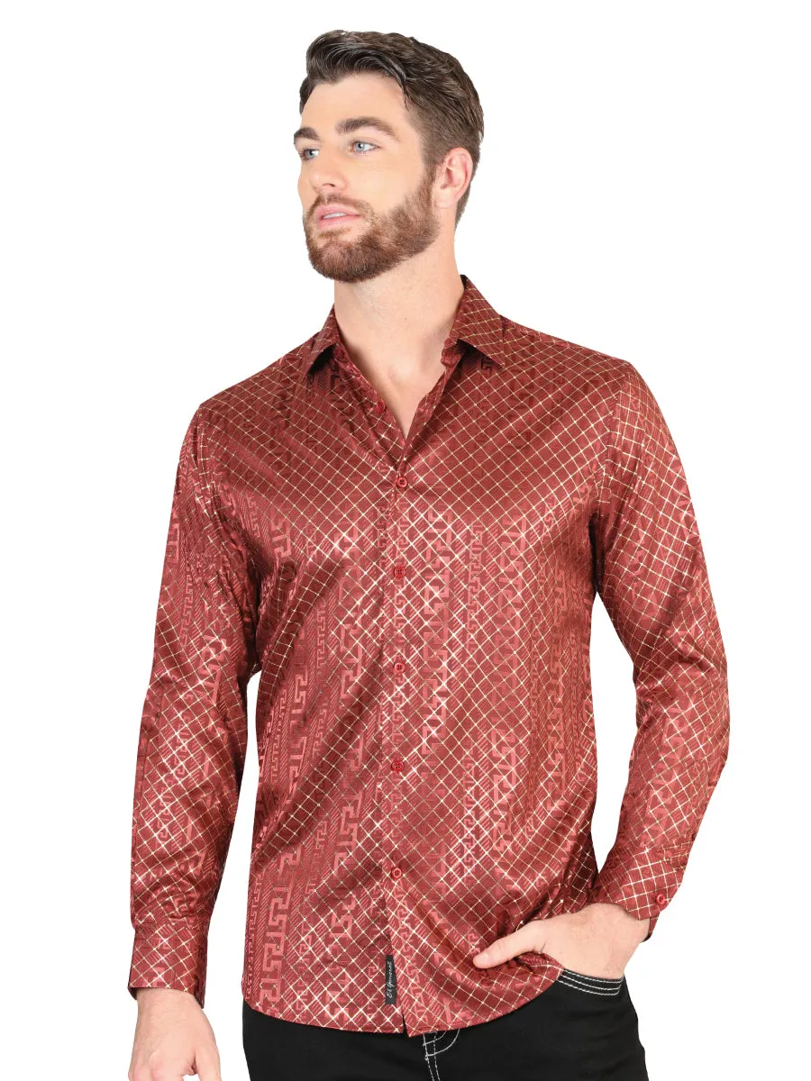 Camisa Casual Manga Larga Estampada Burgandy para Hombre 'El Señor de los Cielos' - ID: 44552