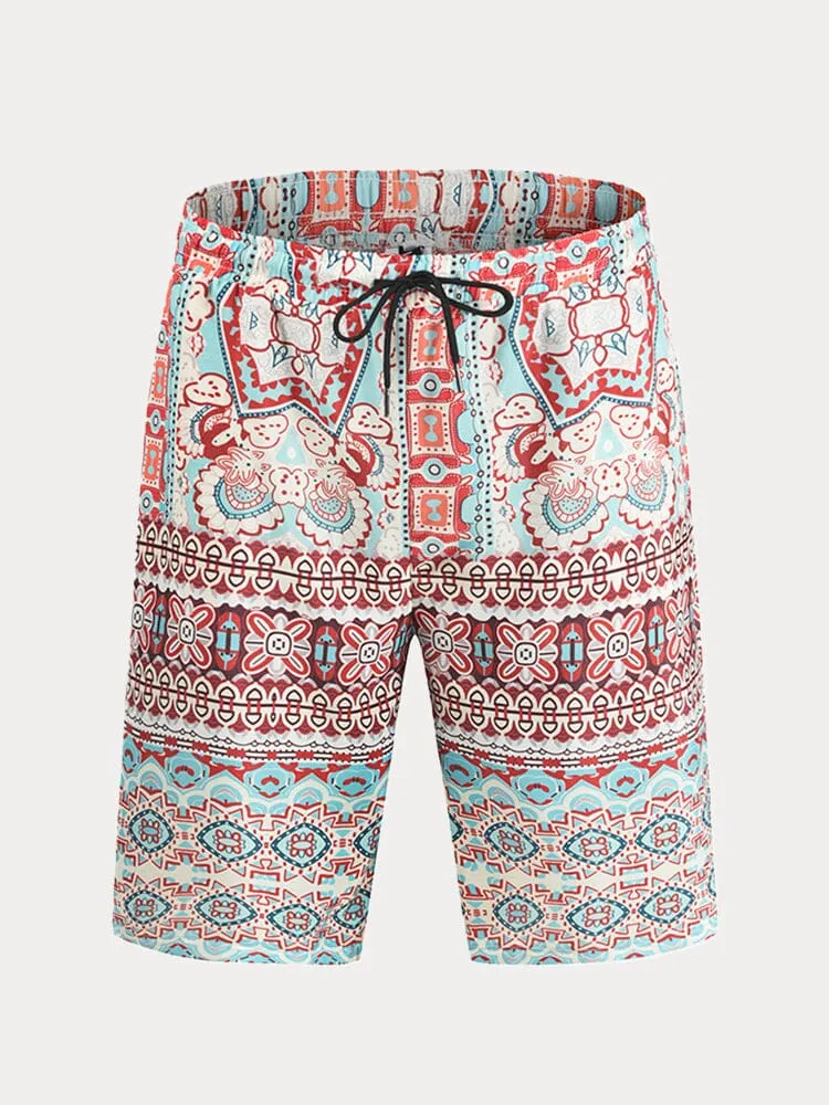 Casual Retro Print Drawstring Shorts