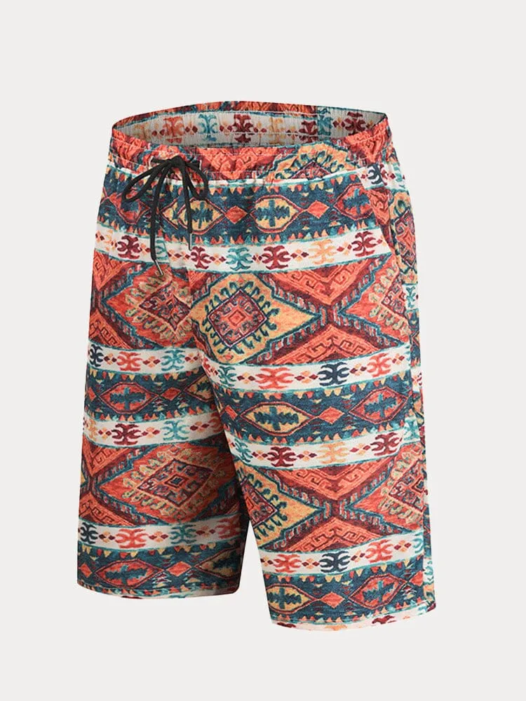 Casual Retro Print Drawstring Shorts