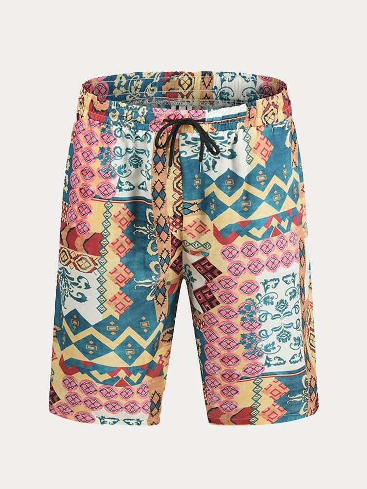 Casual Retro Print Drawstring Shorts