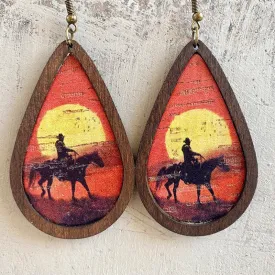 Drop-shaped Wooden Western Cowboy Earrings