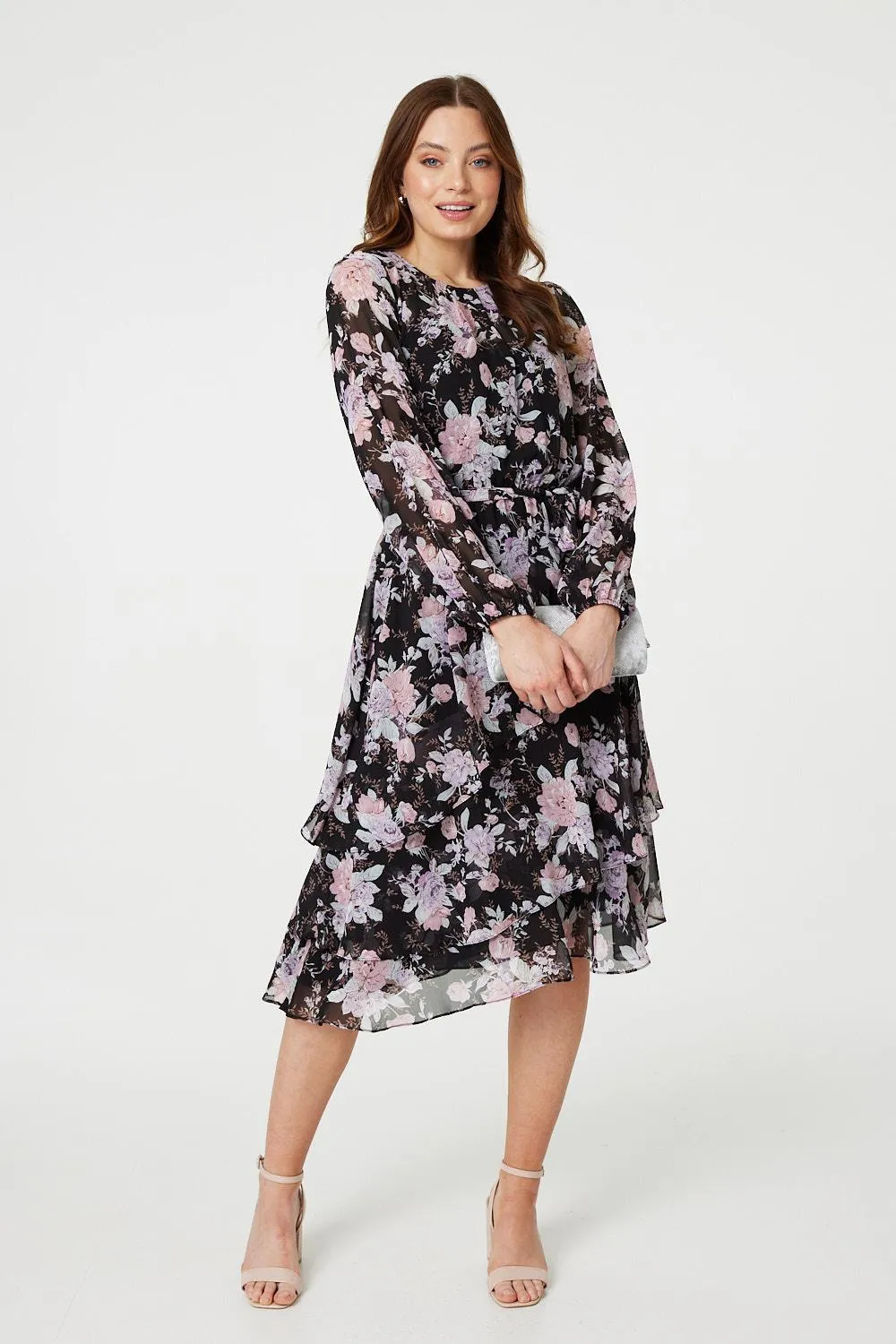 Floral Semi Sheer Layered Hem Midi Dress