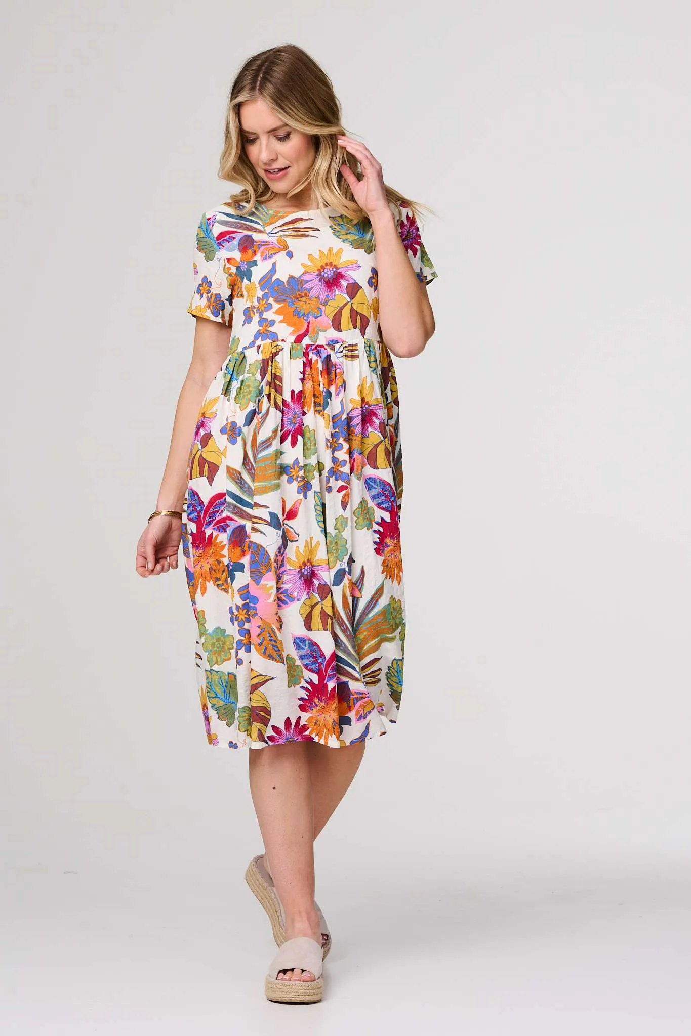 Floral Short Sleeve Relaxed Midi Dress