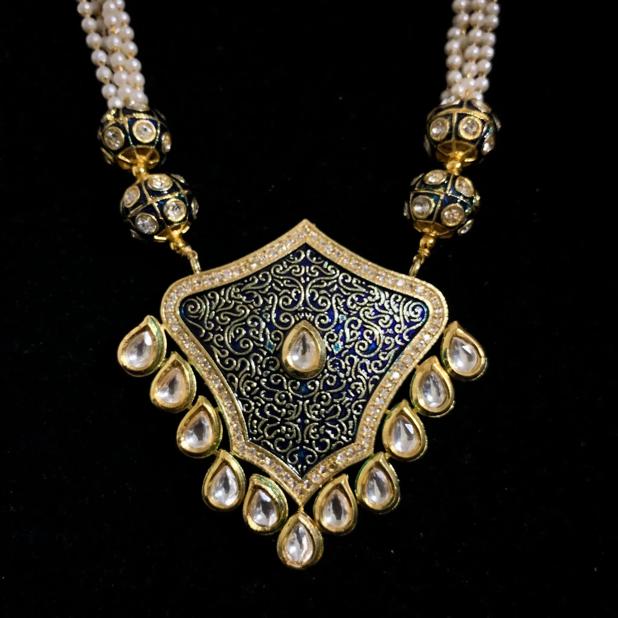 Handmade Kundan Meenakari Blue Enamel Work with Pearl Mala Necklace