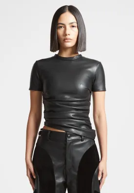 Leather Ruched T-Shirt - Black