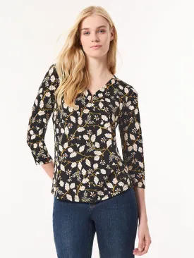 Printed Keyhole Neckline Top, Moss Crepe