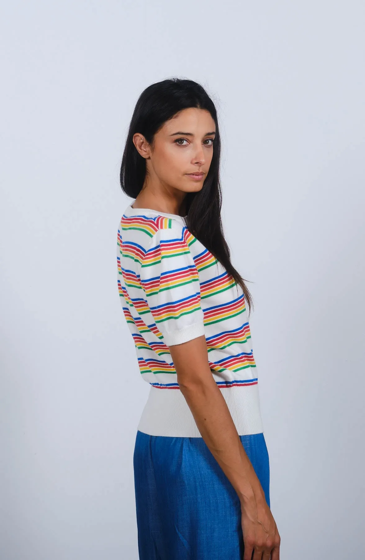 Rainbow Stripe S/S in Egret White