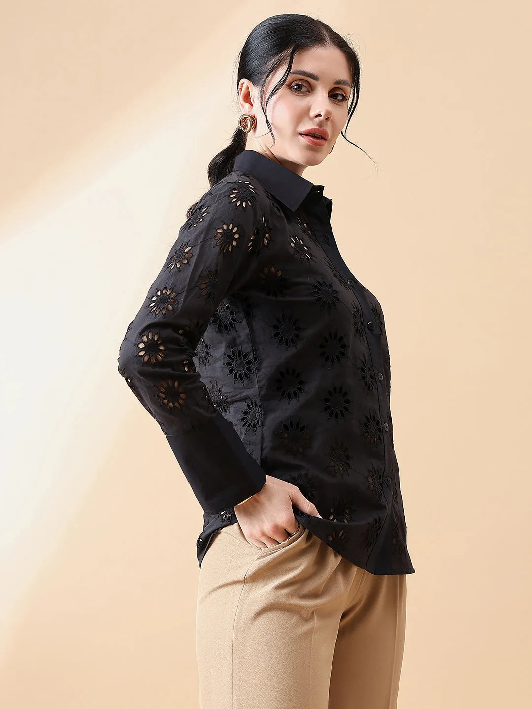 Schiffli Collared Shirt- Black