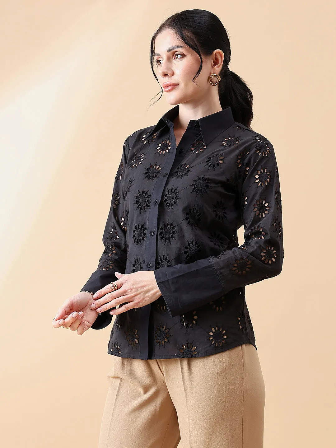 Schiffli Collared Shirt- Black