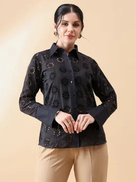 Schiffli Collared Shirt- Black