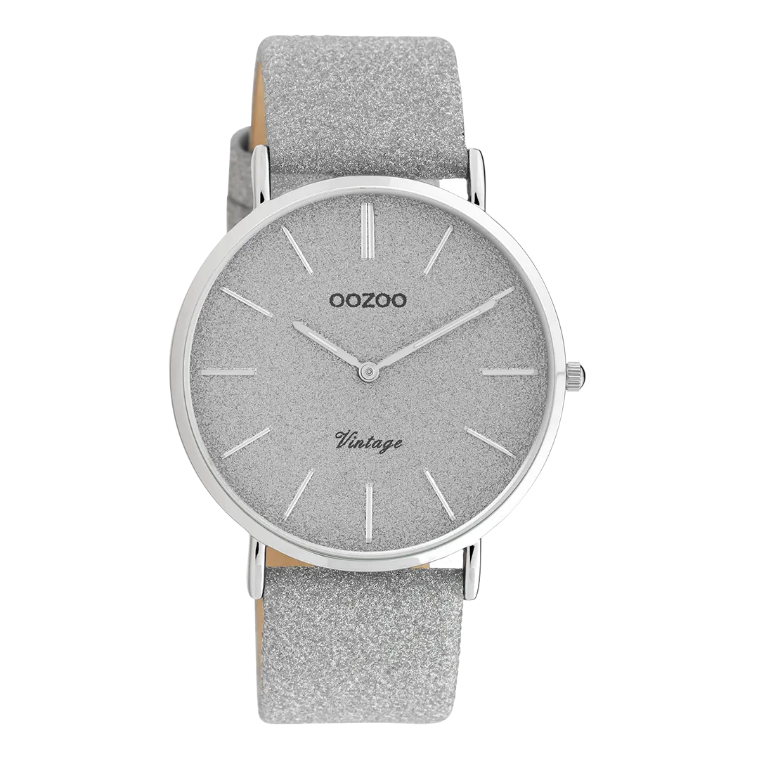 Silver coloured OOZOO watch with silver coloured leather strap - C20160