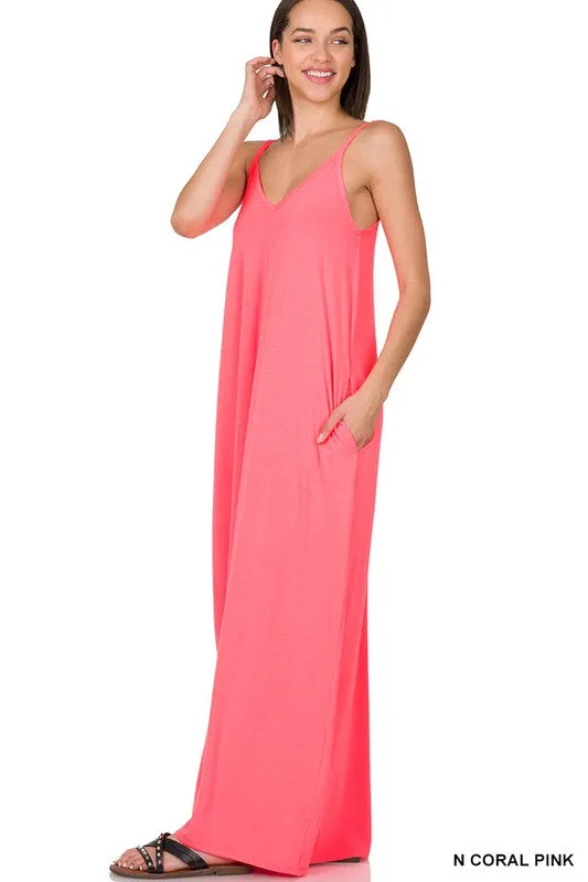 V-NECK CAMI MAXI DRESS WITH SIDE POCKETS