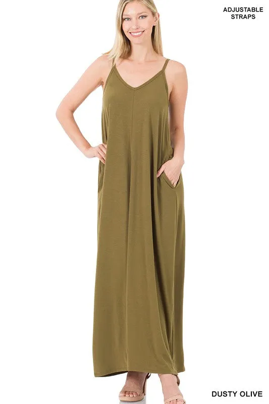 V-NECK CAMI MAXI DRESS WITH SIDE POCKETS