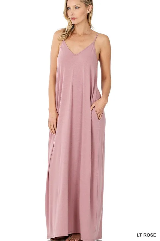 V-NECK CAMI MAXI DRESS WITH SIDE POCKETS