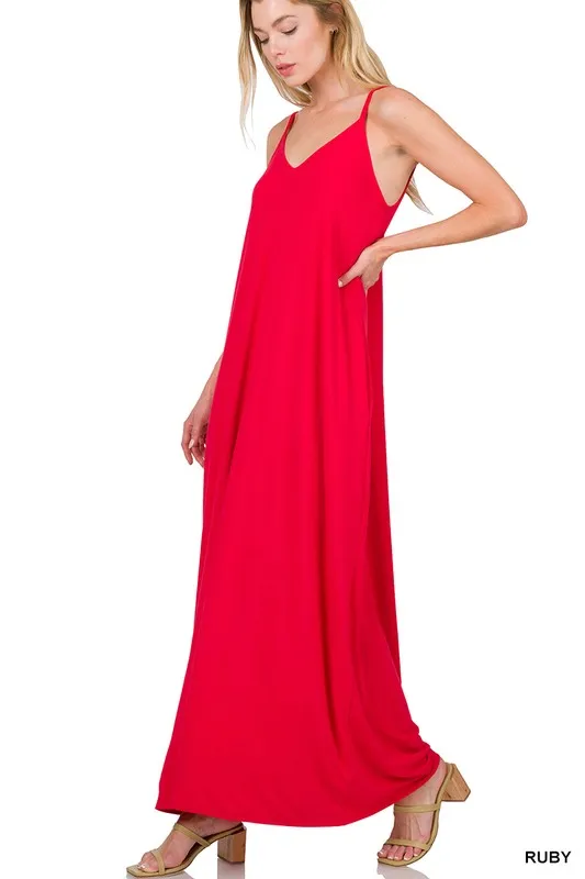 V-NECK CAMI MAXI DRESS WITH SIDE POCKETS