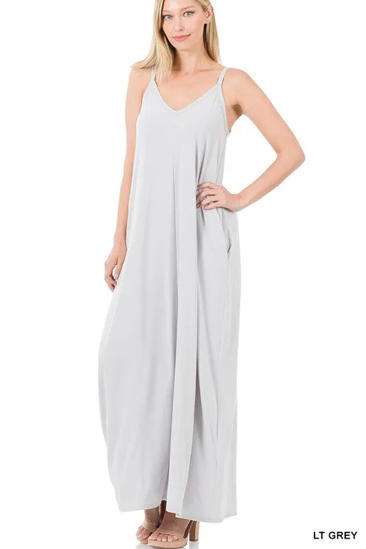 V-NECK CAMI MAXI DRESS WITH SIDE POCKETS