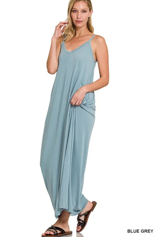 V-NECK CAMI MAXI DRESS WITH SIDE POCKETS