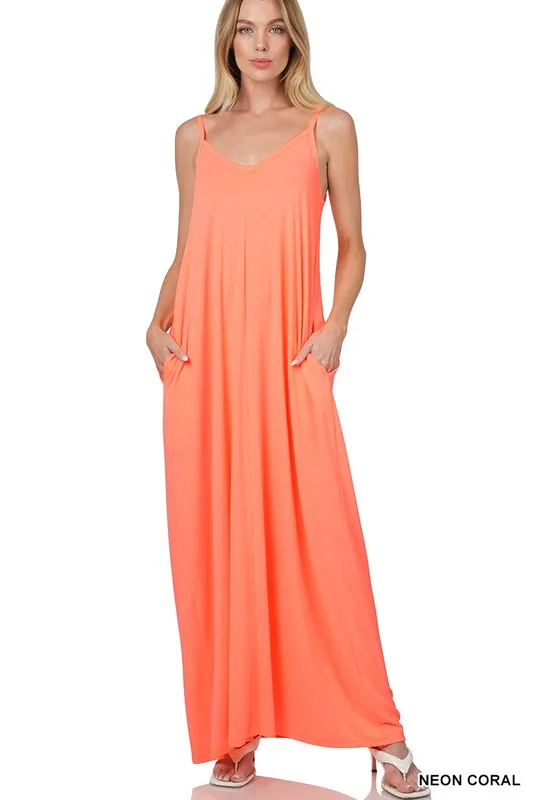 V-NECK CAMI MAXI DRESS WITH SIDE POCKETS