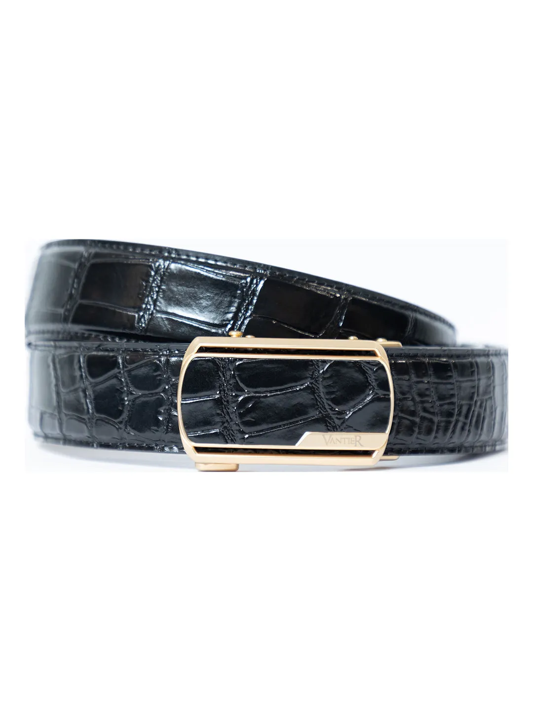 Vantier Luxury Black Croc No Hole Belt, Gold Buckle A6