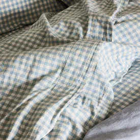 Warm Blue Gingham Linen Blend Flat Sheet